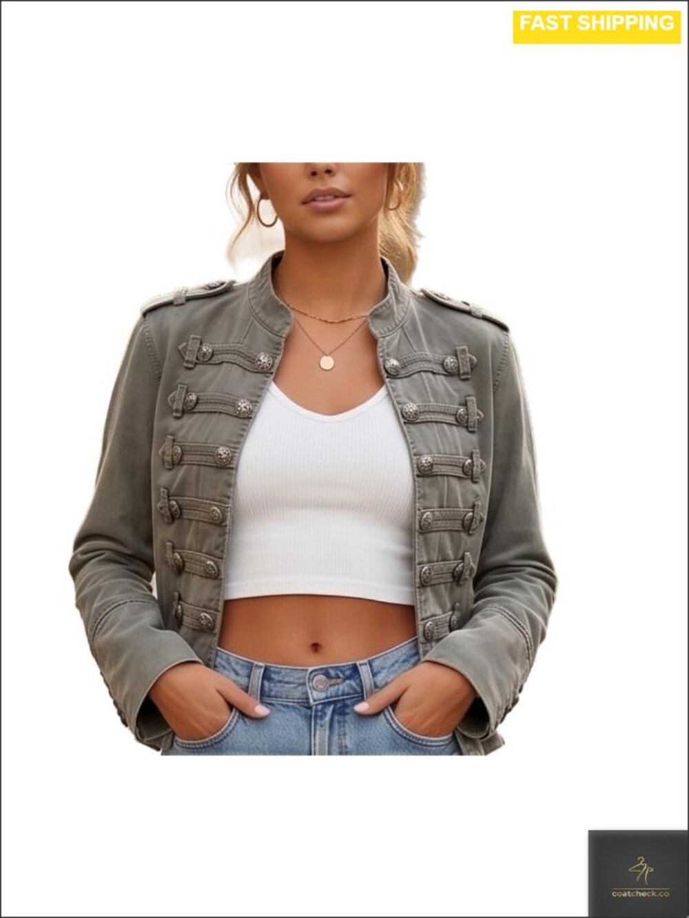 Womens Military Denim Jacket Open Front Cropped Steampunk Style